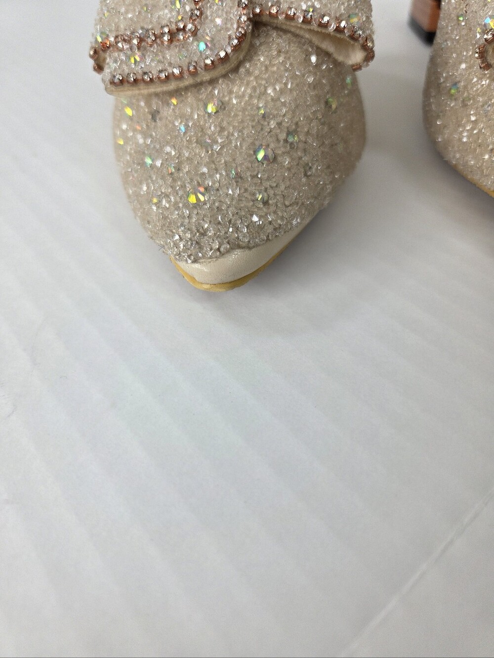 Embellished Pointed-Toe Slip-On Mules in Champagne Bow Preppy Office - Picture 2 of 7